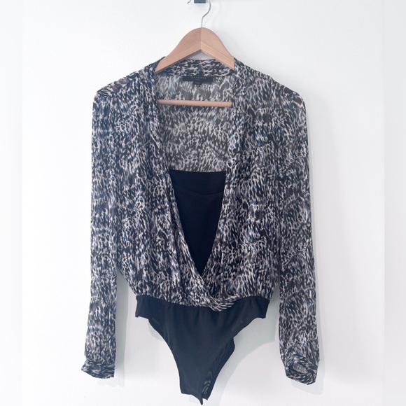 AllSaints Camille Mara Black Animal Print Long Sleeve BodysuitSize Small